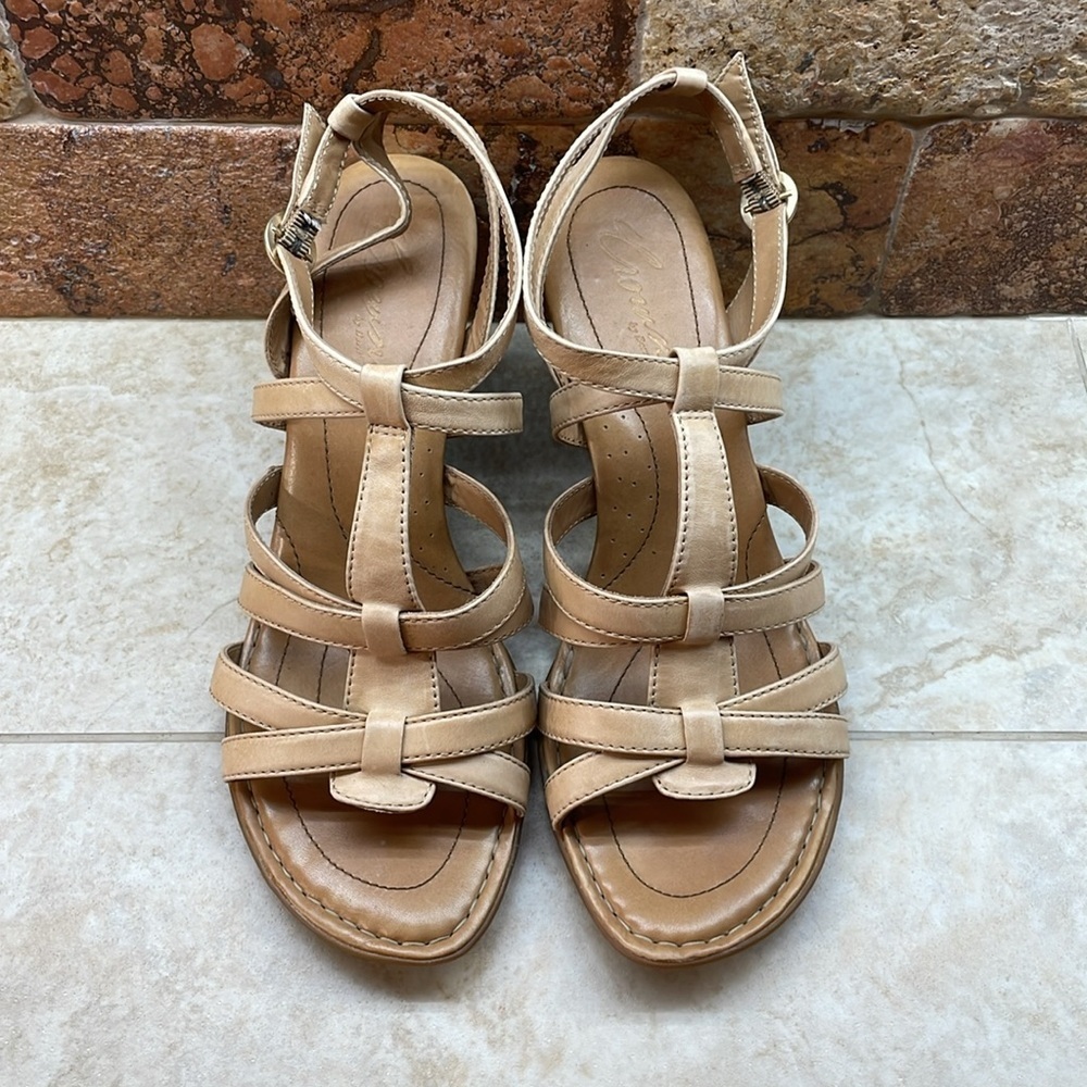 Crown Born Sandals Leather Size 11 Strappy Snake Print Heel Vedge Shoes Nude - Picture 3 of 15